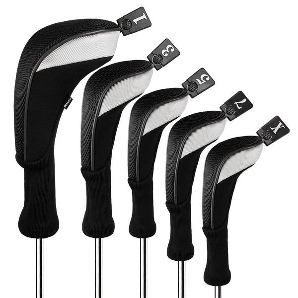 Andux 5pcs/Set Golf 460cc Driver Fairway Wood Club Head Covers Long Neck Black/Black