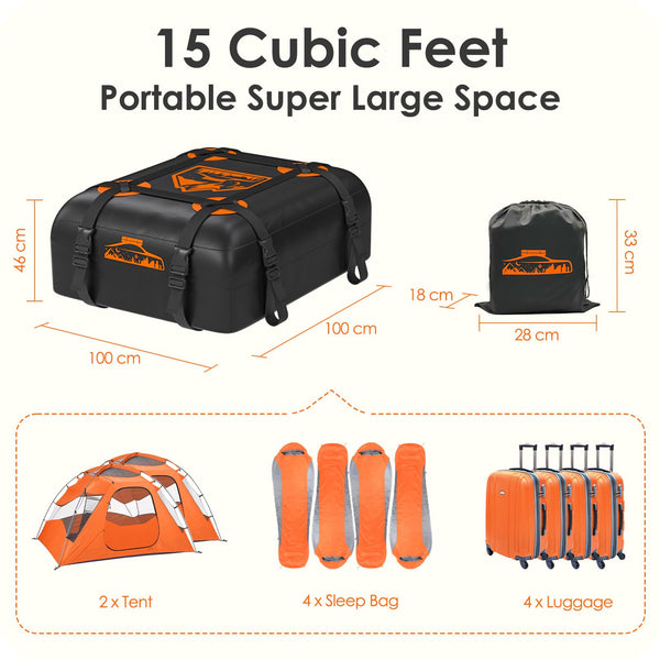 Rymopuey Roof Bag 15 Cubic/425 L, Waterproof Car Roof Bag No Rack Needed, Roof Box with Anti-Slip Mat and 6 Heavy-Duty Straps, Folding Soft Car Roof Box for Cars with/Without Rack (Blue 425 L)