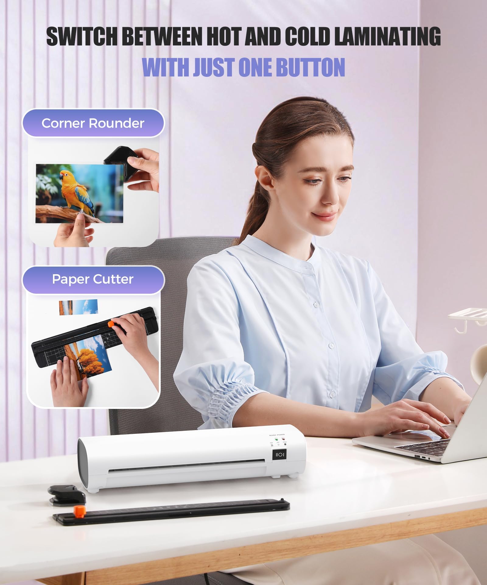 A4 Laminator Machine with 40 Laminating Pouches, Paper Trimmer, Corner Rounder, Thermal Laminator Hot and Cold Modus ABS Jam Release 80-125Micron 280mm/min for Home Office School Studio Bar