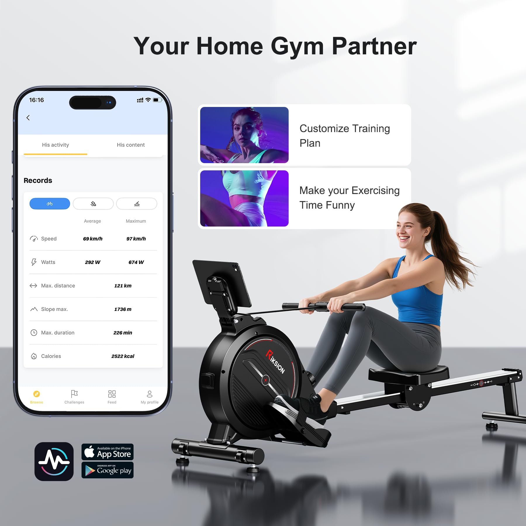 RIKSION Rowing Machine Magnetic Foldable, Fitness Exerciser Indoor Equipment for Home Gym Use, Cardio Training Machine,350LB Capacity with LCD Monitor