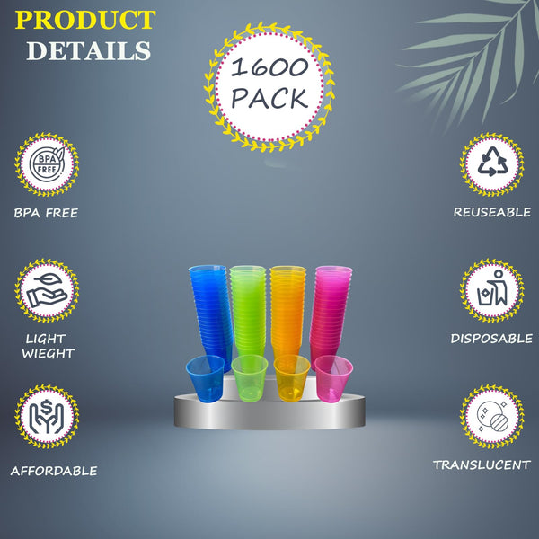 1600 Plastic Shot Glasses, NEON 30ml - Shot Cups| Shots Vodka Jelly Sample Tasting Desserts, Weddings Birthdays Parties Christmas, Stag, Hen, Reusable