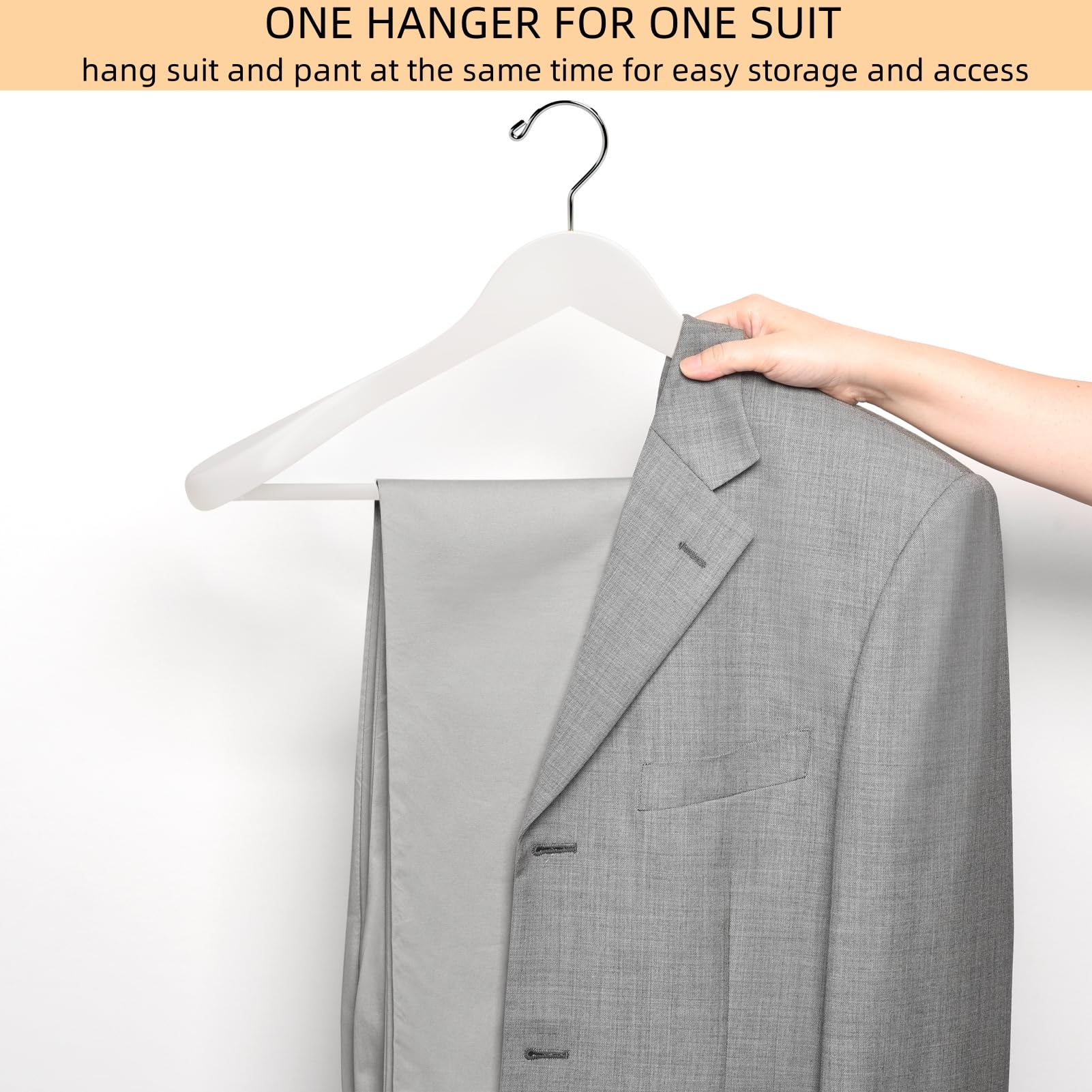 Amber Home 44.5cm White Wooden Suit Hangers 10pcs with Wide Shoulder(5.8cm), Heavy Duty Smooth Wood Coat Hanger with Non Slip Pants Bar, Solid Clothes
