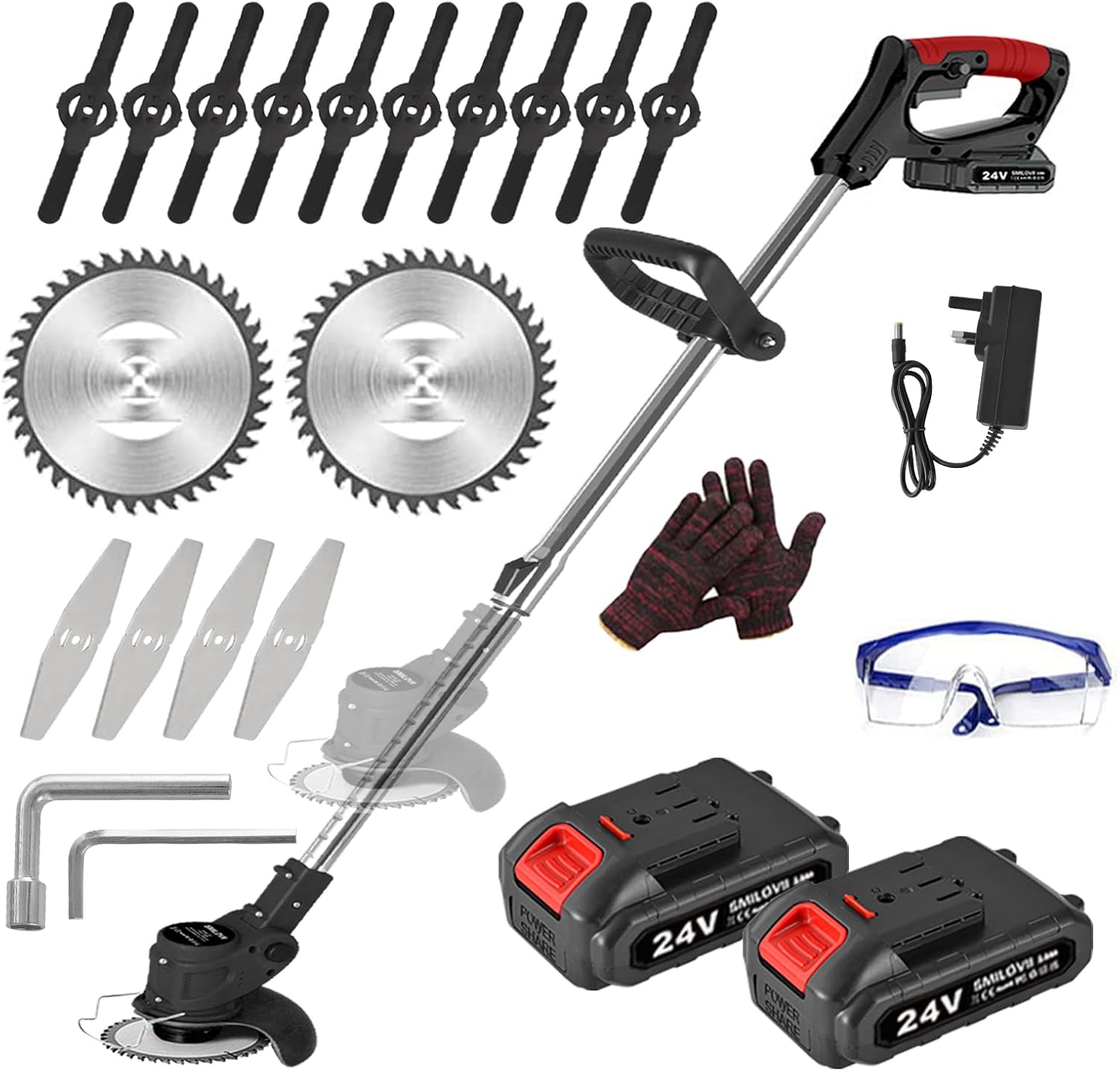 SMILOVII 24V Cordless Strimmer, Telescopic Lightweight Grass Trimmer with 6xMetal Blades & 10xPlastic Blades, 2 x 2000mAh Battery, Electric Garden Strimmer Grass Cutter for Lawn Edger Pruning Weed