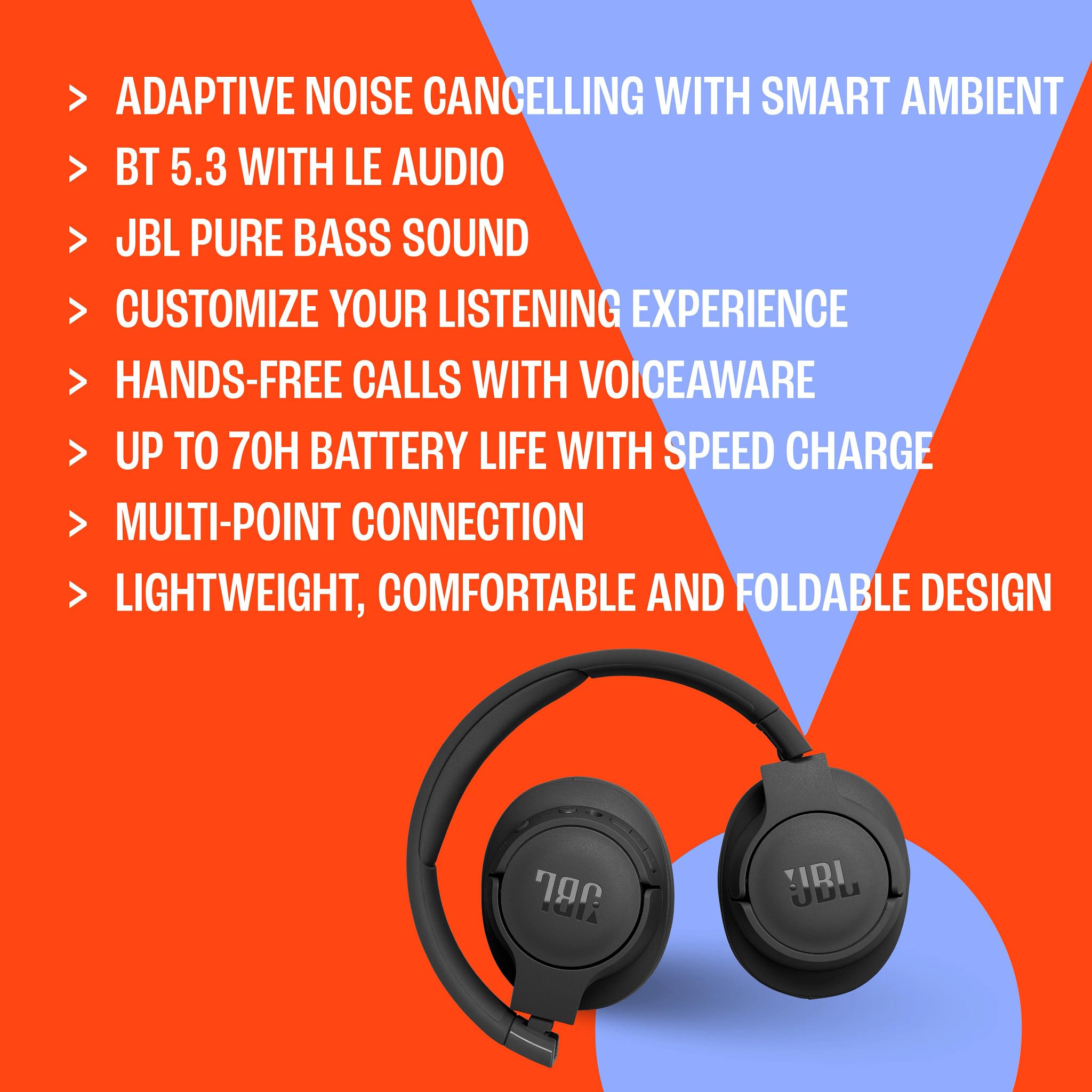 JBL Tune 770 NC Wireless Over-Ear Bluetooth Headphones with Adaptive Noise-Cancelling Technology and 70-Hour Battery Life, Blue