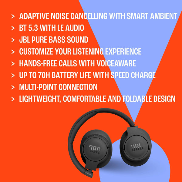 JBL Tune 770 NC Wireless Over-Ear Bluetooth Headphones with Adaptive Noise-Cancelling Technology and 70-Hour Battery Life, Blue