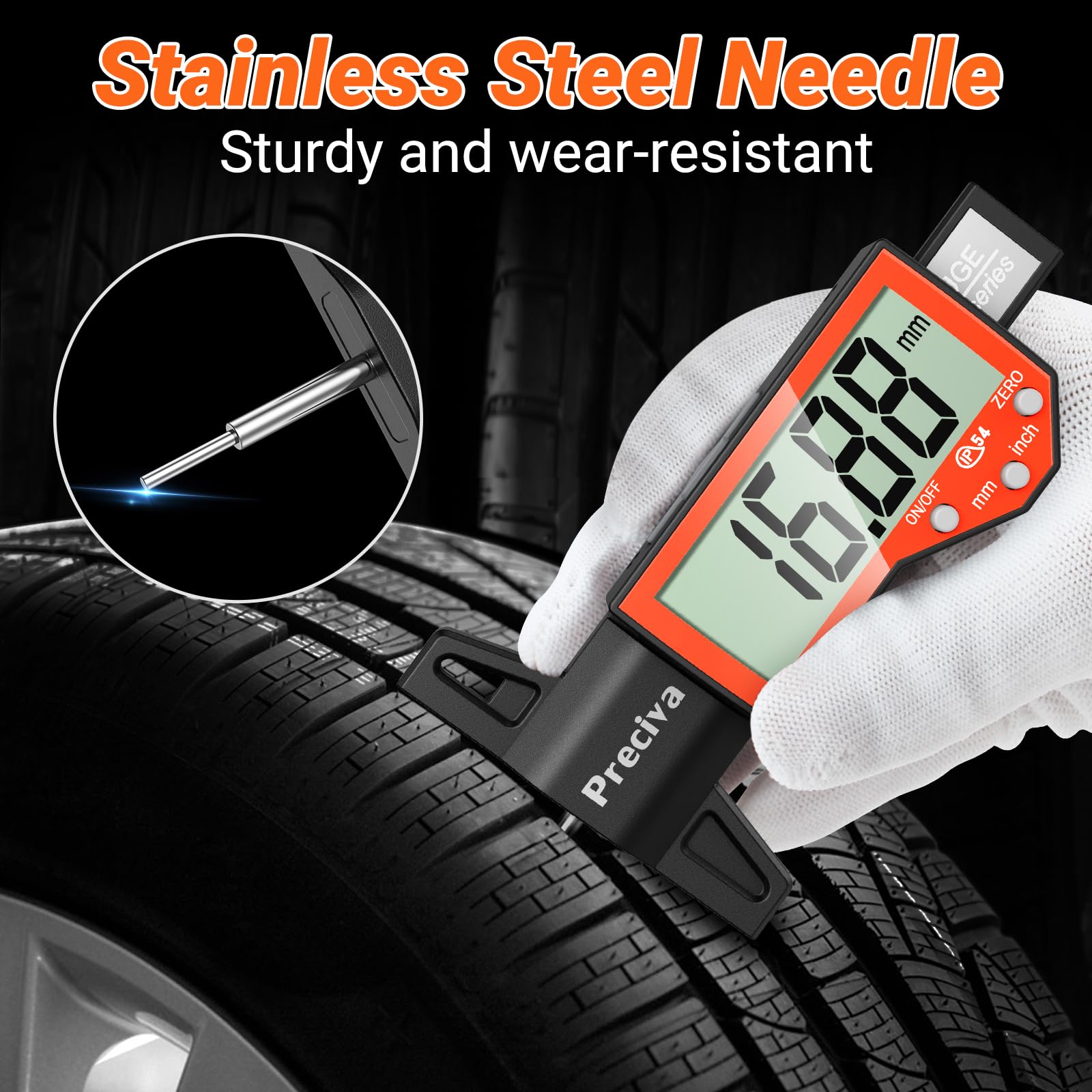 Tyre Tread Depth Gauge, Preciva Silver 0-25.4mm/Inch Digital Tire Checker UK, Tyres Depths Measuring Tool with Large LCD Screen for Cars, Trucks, Vans