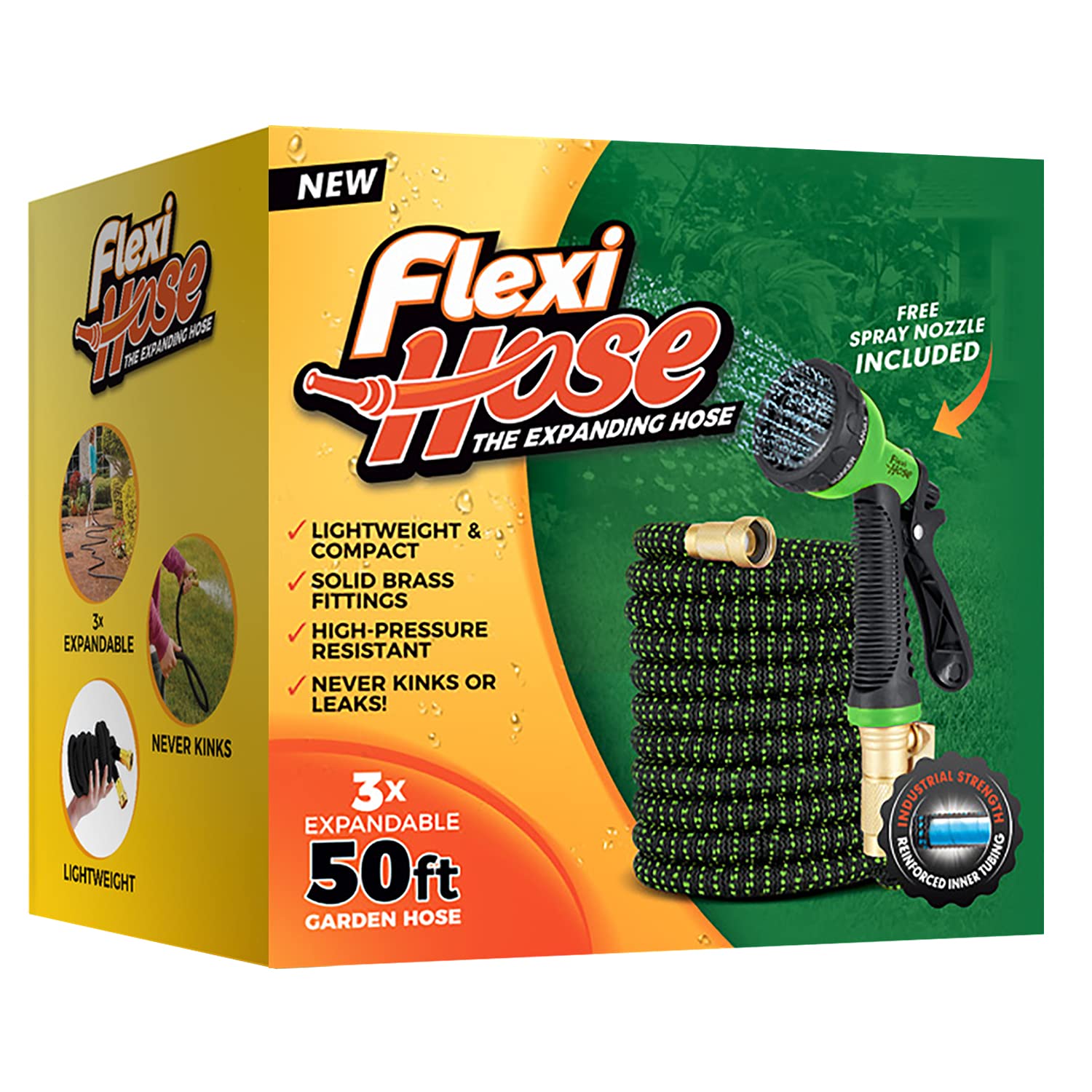 Flexi Hose Upgraded Expandable Garden Hose Pipe Including 8 Function Spray Gun Nozzle - Extra Strength with 2 cm Solid Brass Fittings - No-Kink Flexible Garden Hoses (Orange/Black 15 Metres)
