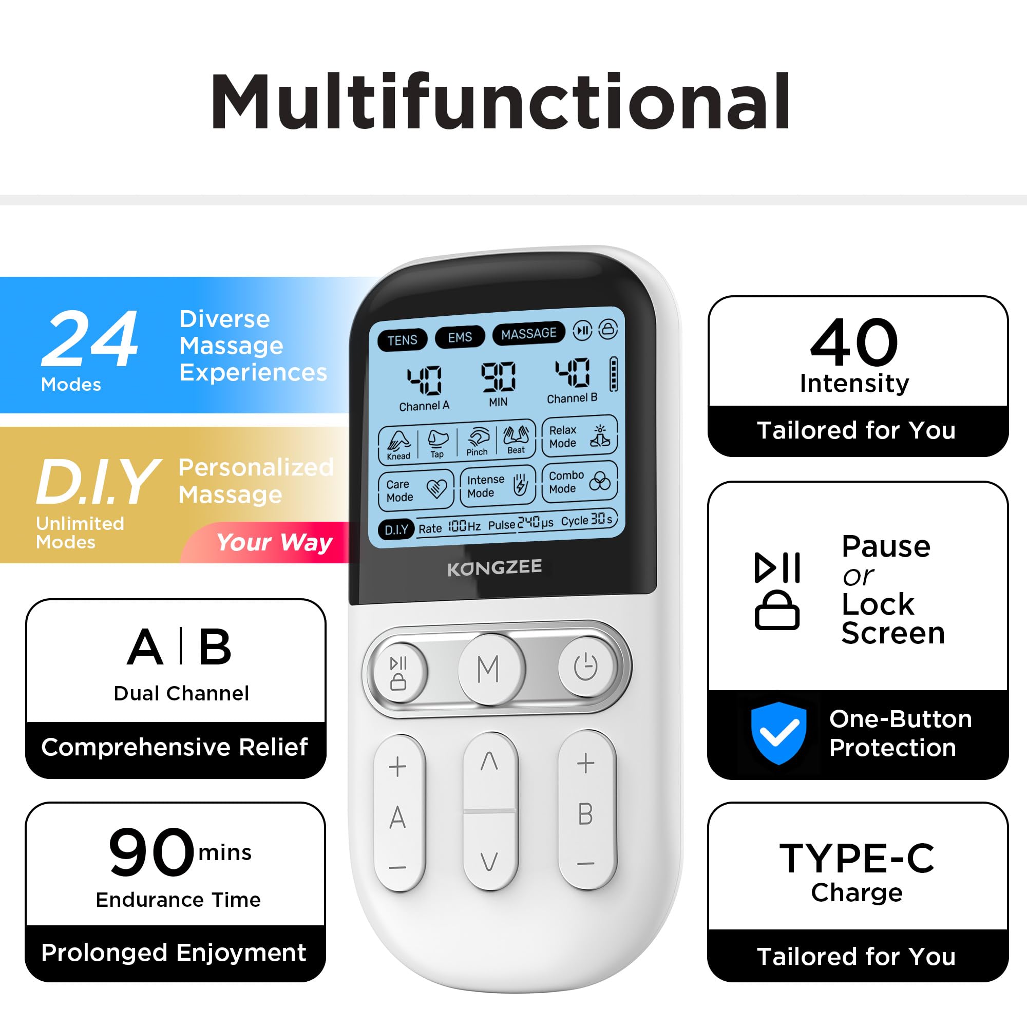 4 in 1 - D.I.Y & Tens Unit & EMS & Massage Muscle Stimulator, Dual Channel Therapy Machine for Pain Relief, FDA Cleared Rechargeable Electronic Pulse Massager,with 12pcs Electrode Pads