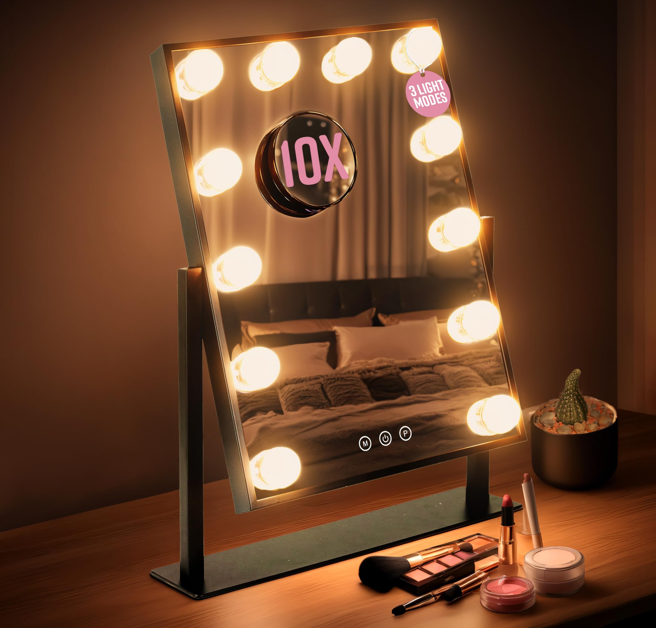 GloBrite Hollywood Mirror with 12 LED Bulbs - 3 Colour Light Modes & Adjustable Brightness, Touch Screen, 360 Rotation, Light Up Mirror, No Assembly