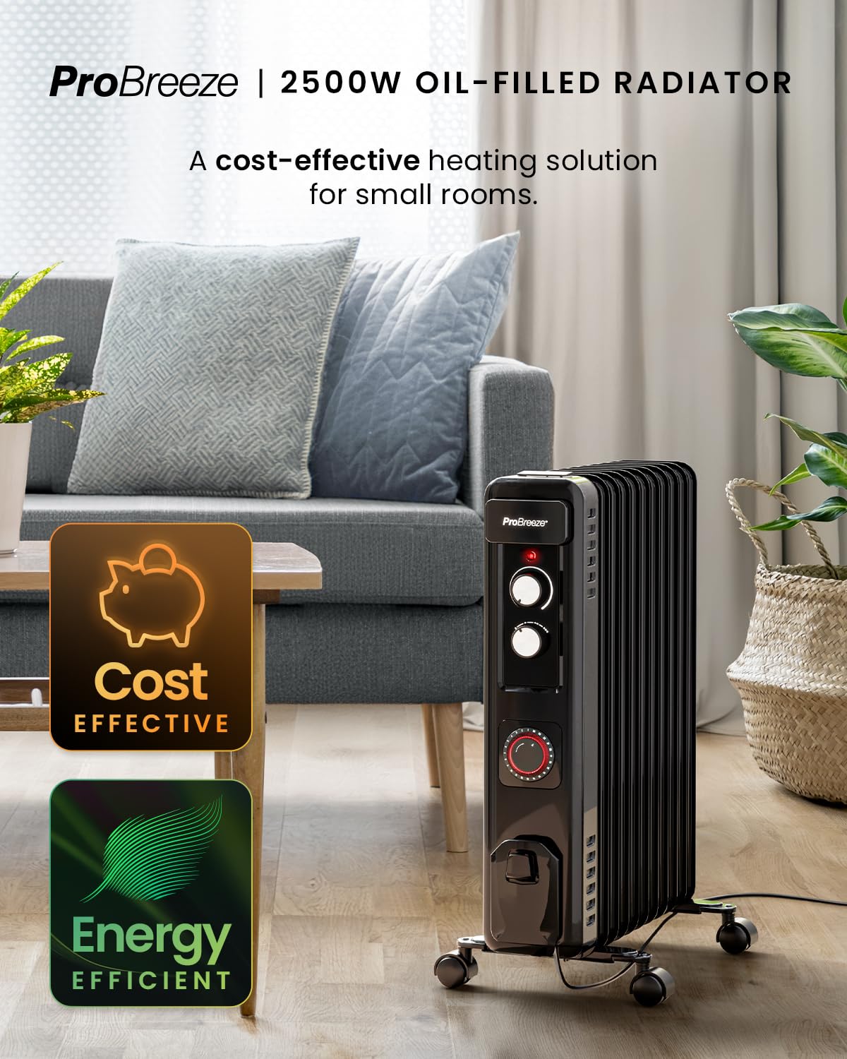 Pro Breeze Oil Filled Radiator with 11 Fins - Slim Electric Radiator - Portable Oil Heater with Built-in 24 Hour Timer, 3 Heat Settings, Adjustable Thermostat (White)