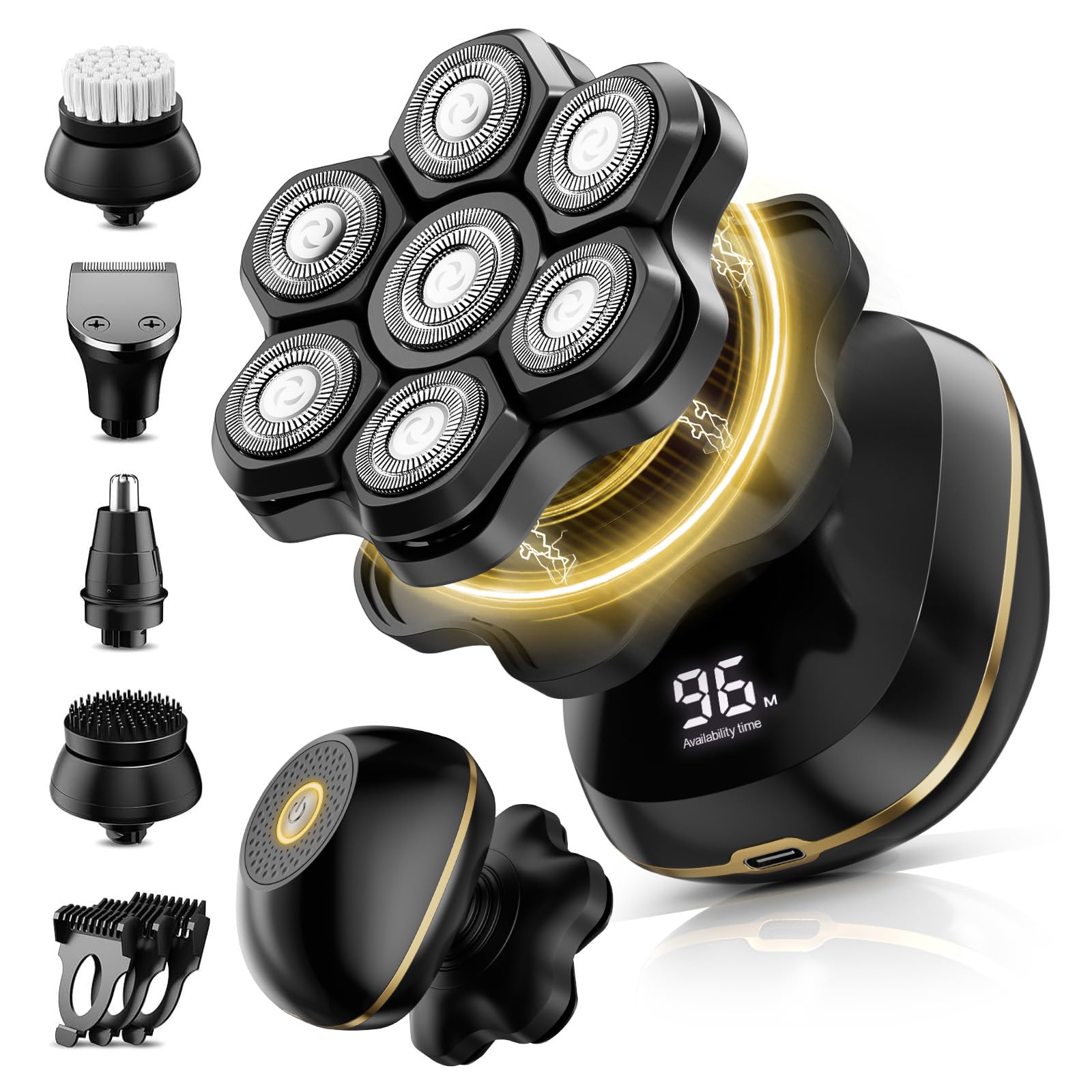 ROSSIFUR Head Shavers, Upgrade 6-in-1 Electric Head Shavers for Bald Men, Wet/Dry LED Display Rechargeable 7D Rotary Shaver Grooming Kit with Type-C Charge