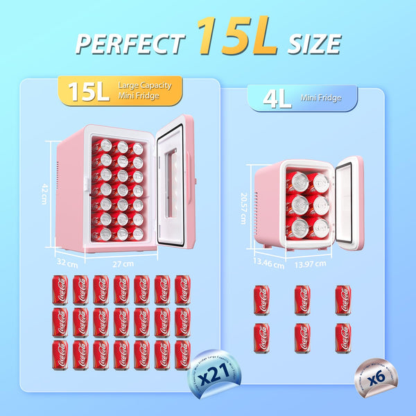 Mini Fridge 15 Liter/21 Cans, Upgrade Portable AC+DC Power Small Fridge for Bedroom, Car, Office, Thermoelectric Cooler and Warmer Skincare Fridge for Food, Drinks, Cosmetics, Max & ECO Mode