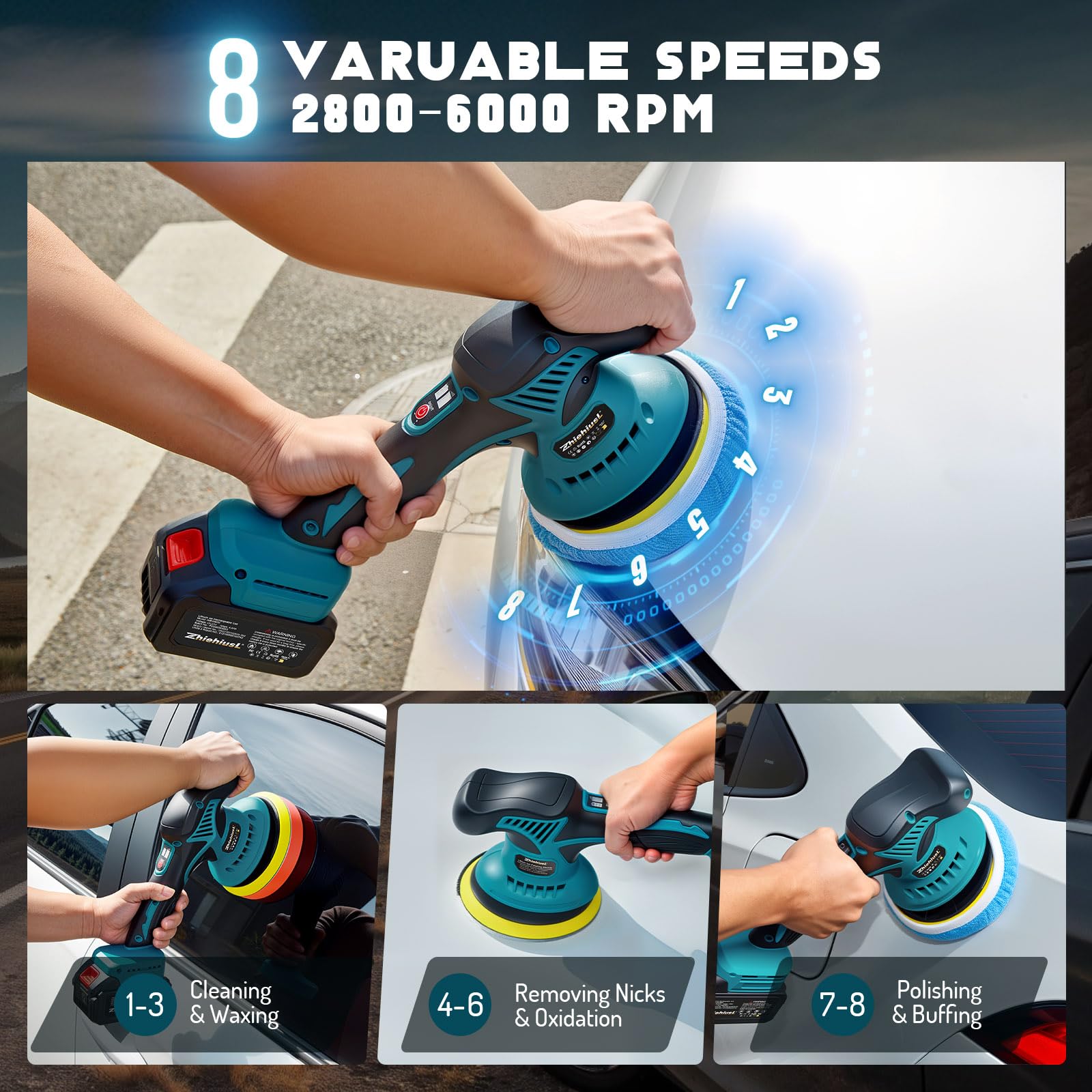 ZhiehiusL Cordless Car Buffer Polisher Kit, 6IN Cordless Car Polishers And Buffers with 2 21V 2.0Ah Batteries, 6 Variable Speeds Up to 5500 RPM, Auto Buffer Polisher for Car Detailing Polishing Waxing