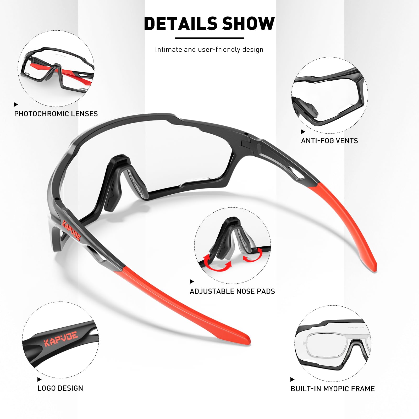 KAPVOE Photochromic Cycling Glasses, UV400 Protection, TR90 Frame, Men Women Clear Sports Sunglasses for Cycling, Running, Baseball, mtb, Driving,
