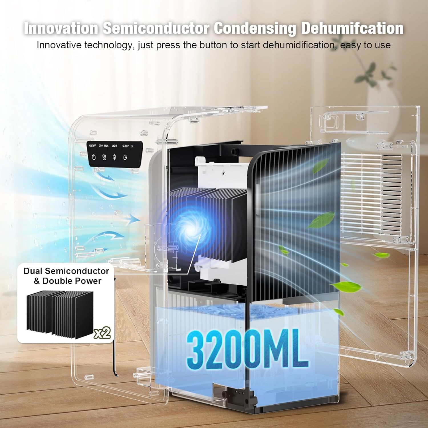 Portable Dehumidifiers for Home with Large 3200ml Water Tank, Ultra Quiet Electric Dehumidifier with Auto Shut-Off, Auto Defrost, Energy-Saving Design, Ideal for Bedroom, Bathroom, Basement & Garage