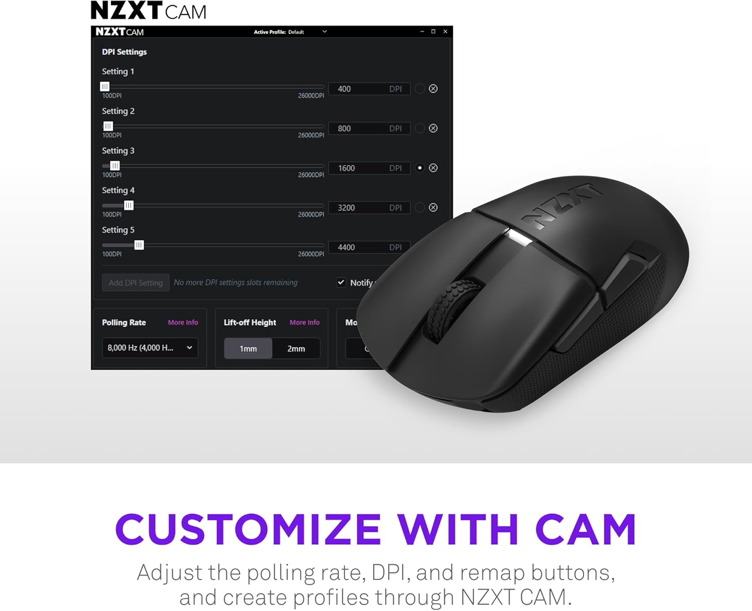 NZXT Lift Elite Wireless Gaming Mouse - Ultra-Lightweight 57 g - 4K/8K Polling Rates, Optical Switches, 26K DPI Optical Sensor - Long Battery Life - Rubber Side Grips - 5 Programmable Buttons - Black