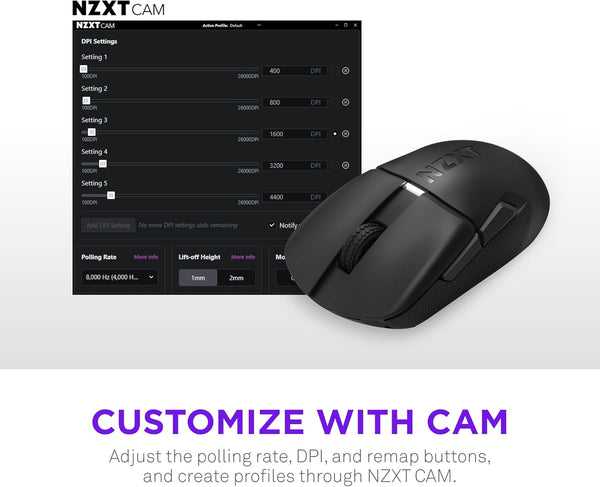 NZXT Lift Elite Wireless Gaming Mouse - Ultra-Lightweight 57 g - 4K/8K Polling Rates, Optical Switches, 26K DPI Optical Sensor - Long Battery Life - Rubber Side Grips - 5 Programmable Buttons - Black