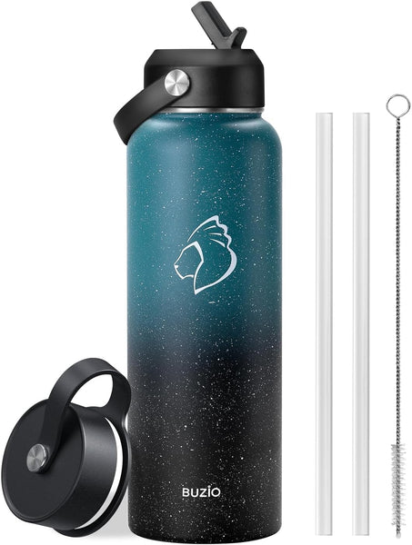 Stainless Steel Water Bottle 2L, BUZIO Vacuum Insulated Water Bottle with Straw Lid and Flex Cap Cold for 48 Hrs, Hot for 24 Hrs Double Wall Wide Mouth BPA Free Leak Proof, Black