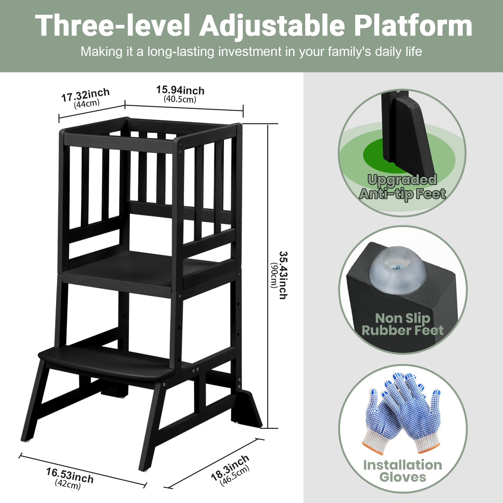 COSYLAND Height Adjustable Kids Kitchen Step Stool with Anti-tip Support Corners - Kids Standing Tower for Kitchen Counter, Bathroom, Nursery (Black)