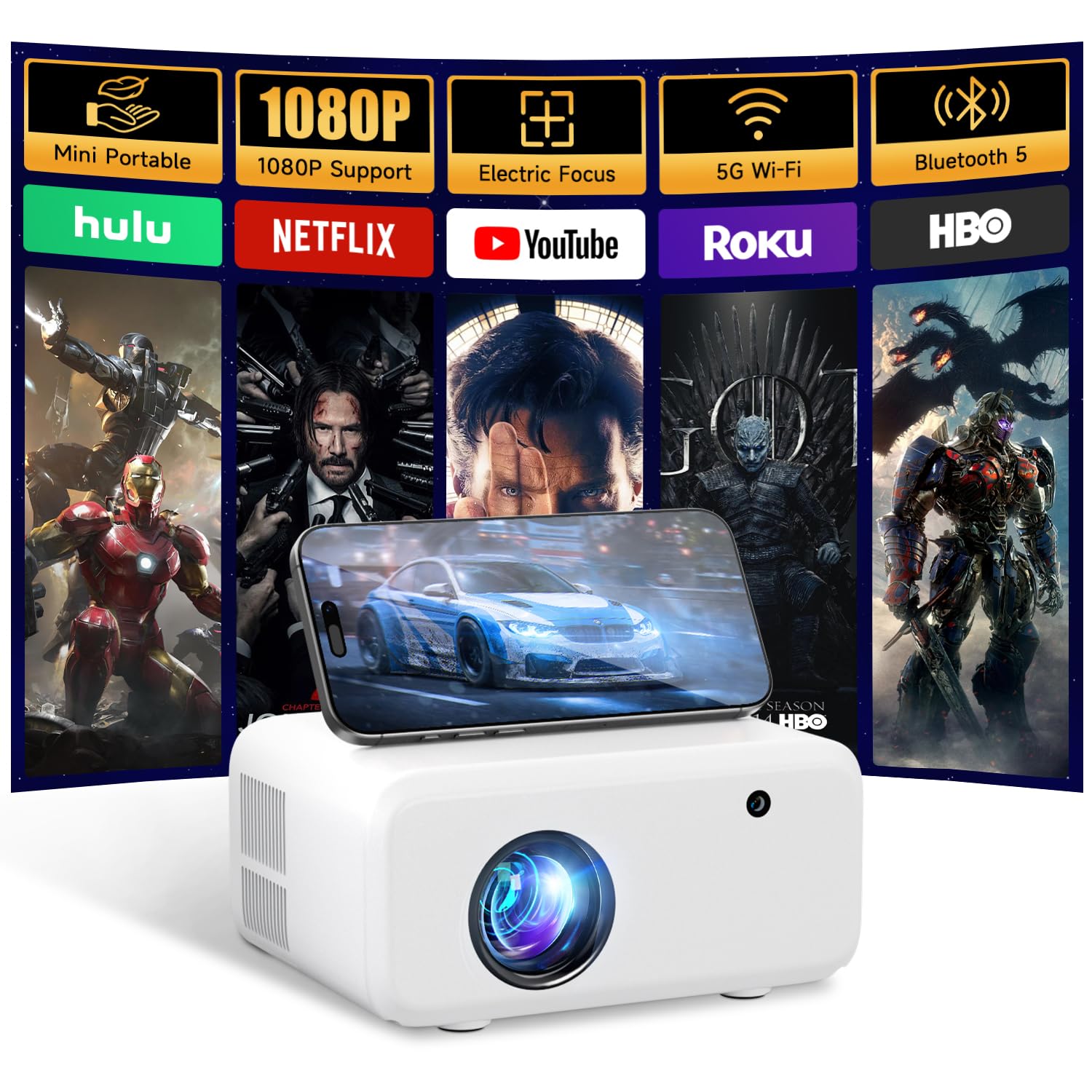 [360°Adjustable Stand] Mini Projector with WiFi and Bluetooth: Electric Focus & Auto Keystone 1080p Supported, 15000L,Phone Projector - 2025 Upgraded Visulapex Portable Home Theater