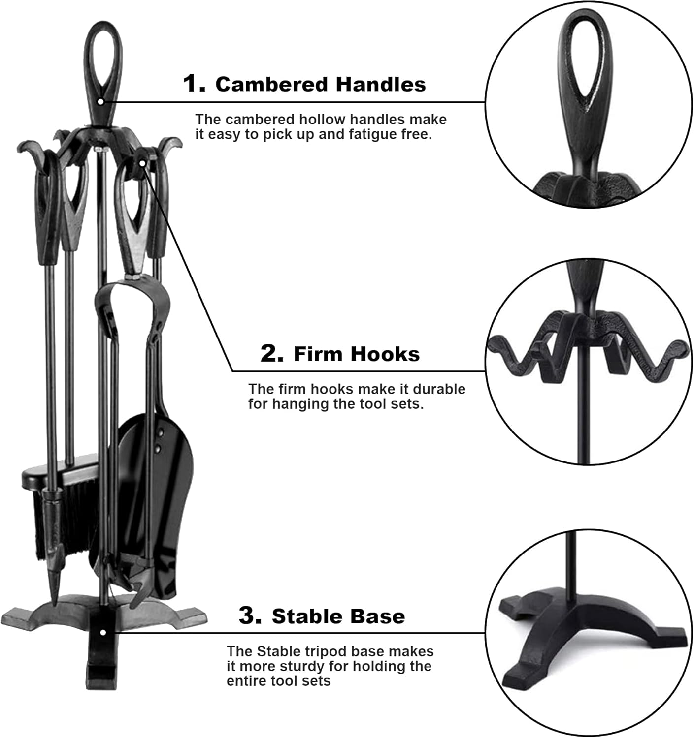 Neo Black Fireplace Fireside Set Fire Tool Accessories Storage Rack with 5 Piece Set Including Stand
