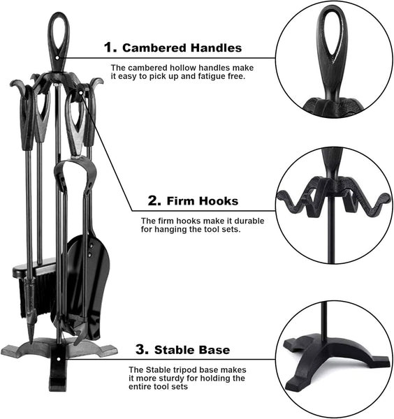 Neo Black Fireplace Fireside Set Fire Tool Accessories Storage Rack with 5 Piece Set Including Stand