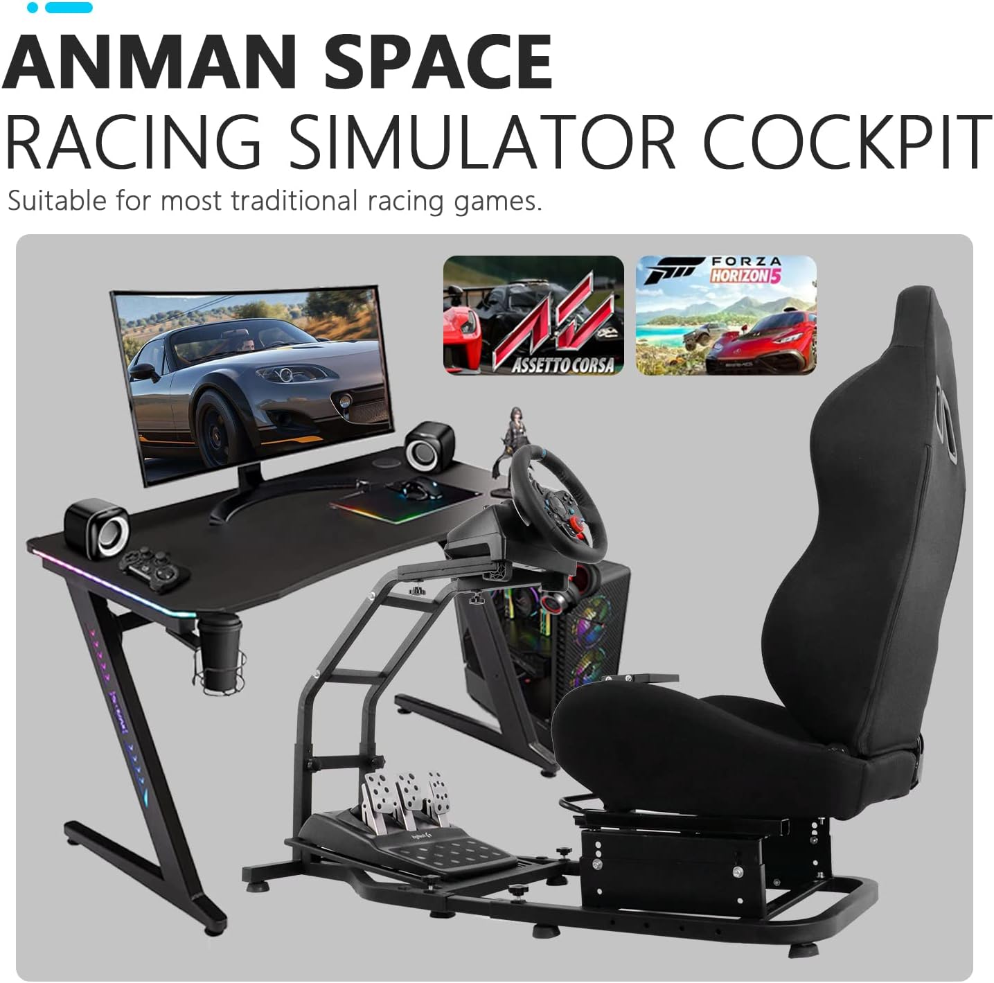 Anman Racing Simulator Cockpit Height Adjustable Racing Wheel Frame Gaming Compatible with Logitech G25, G27, G29, G920 Gaming Cockpit G25/G27/G29/G920 Wheel Handbrake Shifter and Pedals Not Included