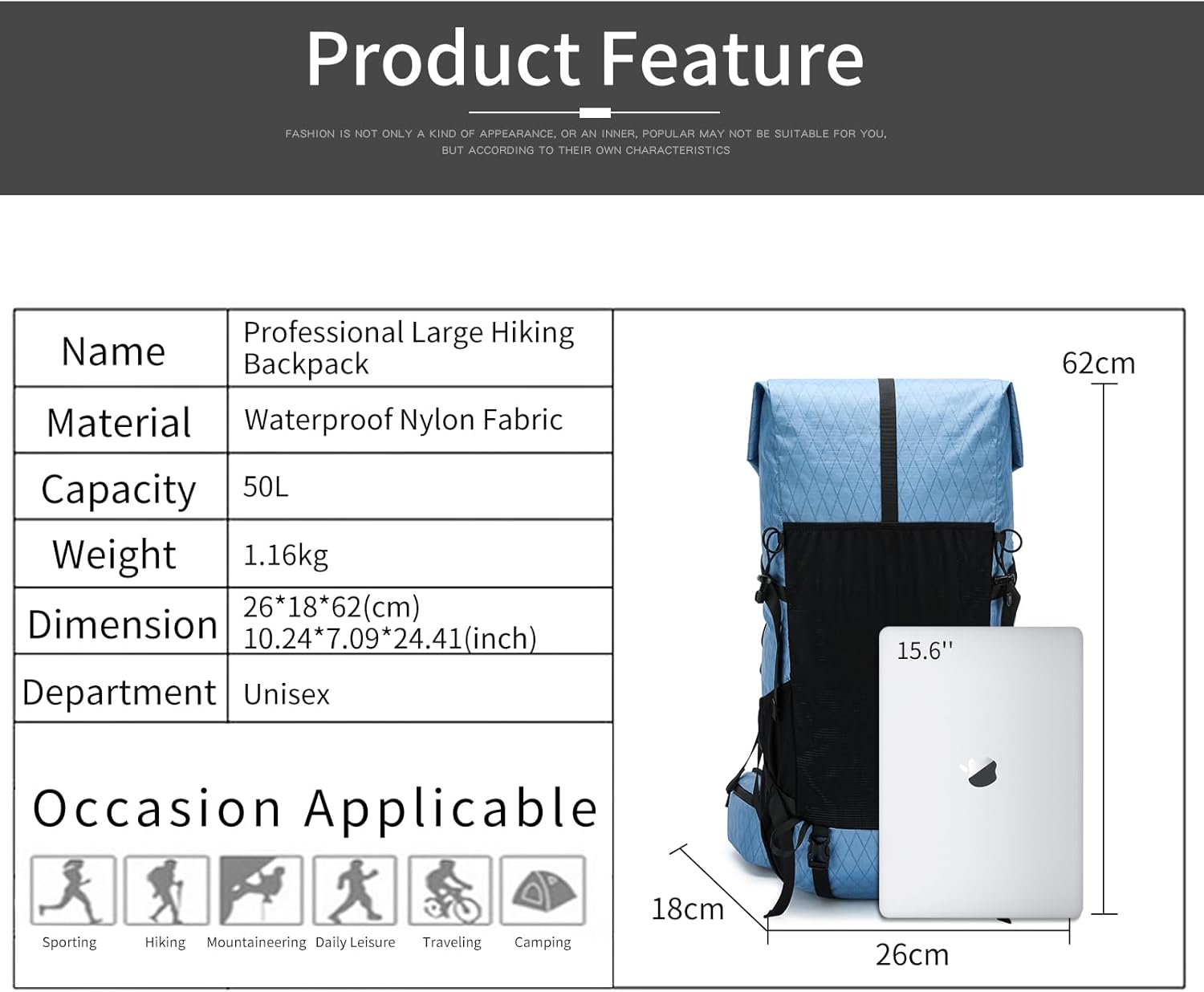 POWER KING 40L Expandable TO 50L Hiking Backpack,Upgraded X-PAC Scratch-proof Lightweight Large Rucksack for Mens Women, Outdoor Roll Top Camping Packsack, Fit for 15.6'' Laptop