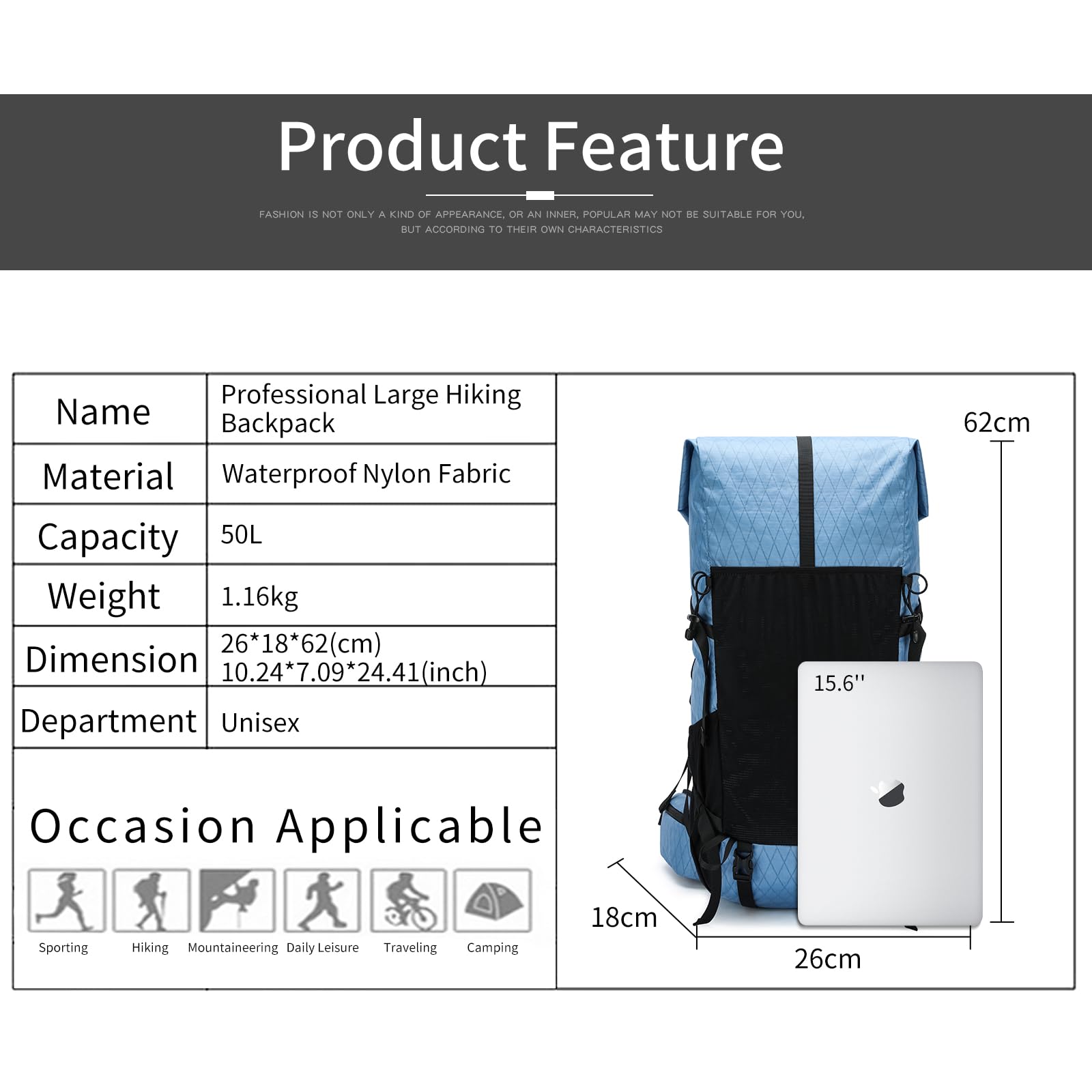 POWER KING 40L Expandable TO 50L Hiking Backpack,Upgraded X-PAC Scratch-proof Lightweight Large Rucksack for Mens Women, Outdoor Roll Top Camping Packsack, Fit for 15.6'' Laptop