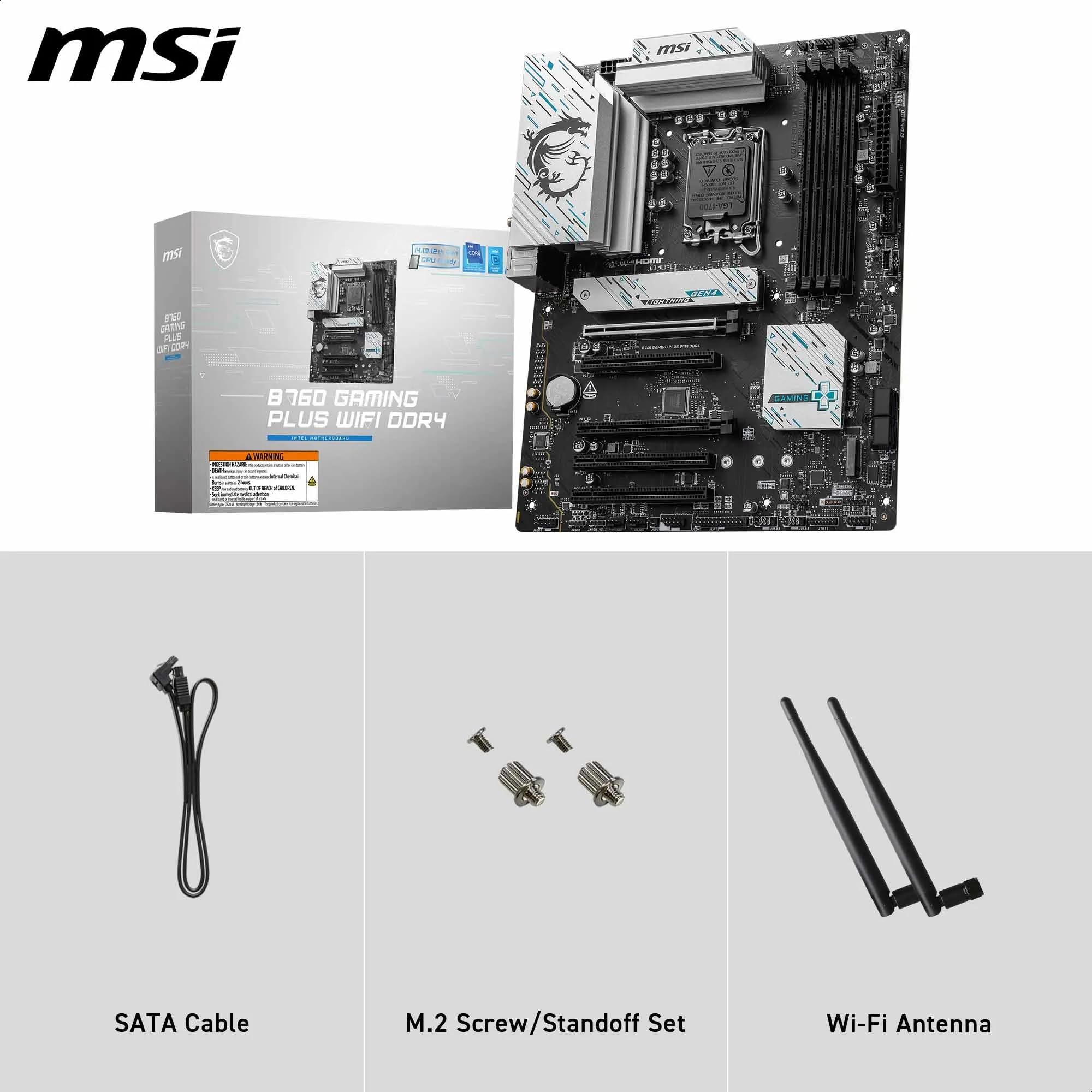 MSI B760 GAMING PLUS WIFI DDR4 Motherboard, ATX - Supports Intel 14th, 13th & 12th Gen Core Processors, LGA 1700 - DDR4 Memory Boost 5333+MHz/OC, 1x PCIe 4.0 x16, 2 x M.2 Gen4, 2.5G LAN, Wi-Fi 6E