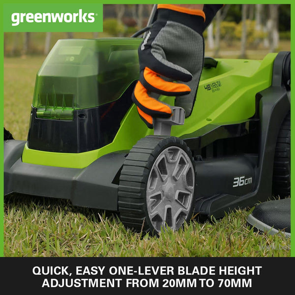 Greenworks G24X2LM36K4X Cordless Lawnmower for Lawns up to 420m², 36cm Cutting Width, 40L Bag PLUS Two of 2x24V(48V equivalent) 4Ah Batteries & Twin Charger, 3 Year Guarantee