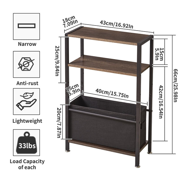 Aibiju Side Table with Storage, 3-Tier Slim Side Table with Fabric BasketNarrow Bedside Table Small Narrow Side Table for Small SpacesBedroom,Living