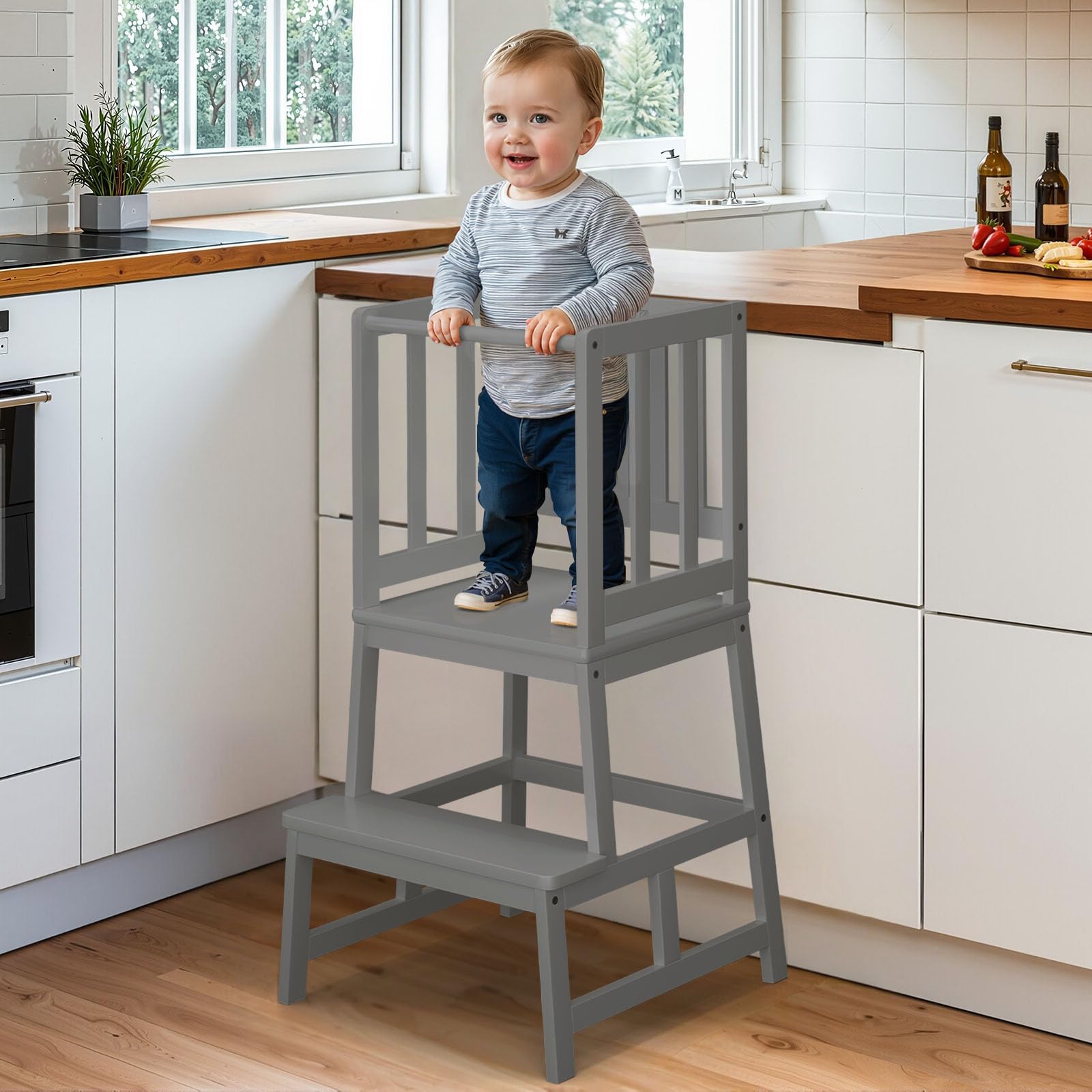 COSYLAND Nursery Step Stool for Kids - Toddler Standing Tower for Kitchen Counter - Mothers' Helper Kids Learning Stool in Kitchen - A Shaped Anti-tip Structure (White & Black)