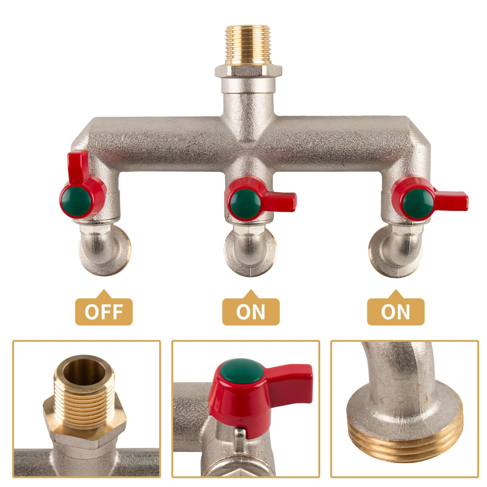 Tesmotor 1/2'' Inch Brass 3-Way Outdoor Water Tap, Garden Tap with Three 3/4" Outlet Tap and Individual On/Off, T Splitter Brass Hose Connector