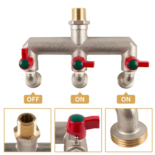 Tesmotor 1/2'' Inch Brass 3-Way Outdoor Water Tap, Garden Tap with Three 3/4" Outlet Tap and Individual On/Off, T Splitter Brass Hose Connector