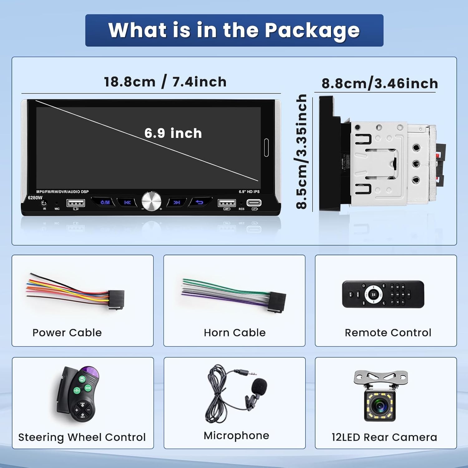 Hikity Single DIN 1DIN Car Stereo Wireless CarPlay & Android Auto 6.9 Inch Touchscreen Car Radio with Bluetooth 5.1 FM Dual USB Ports Type-C + Backup Camera + Remote Control + MIC