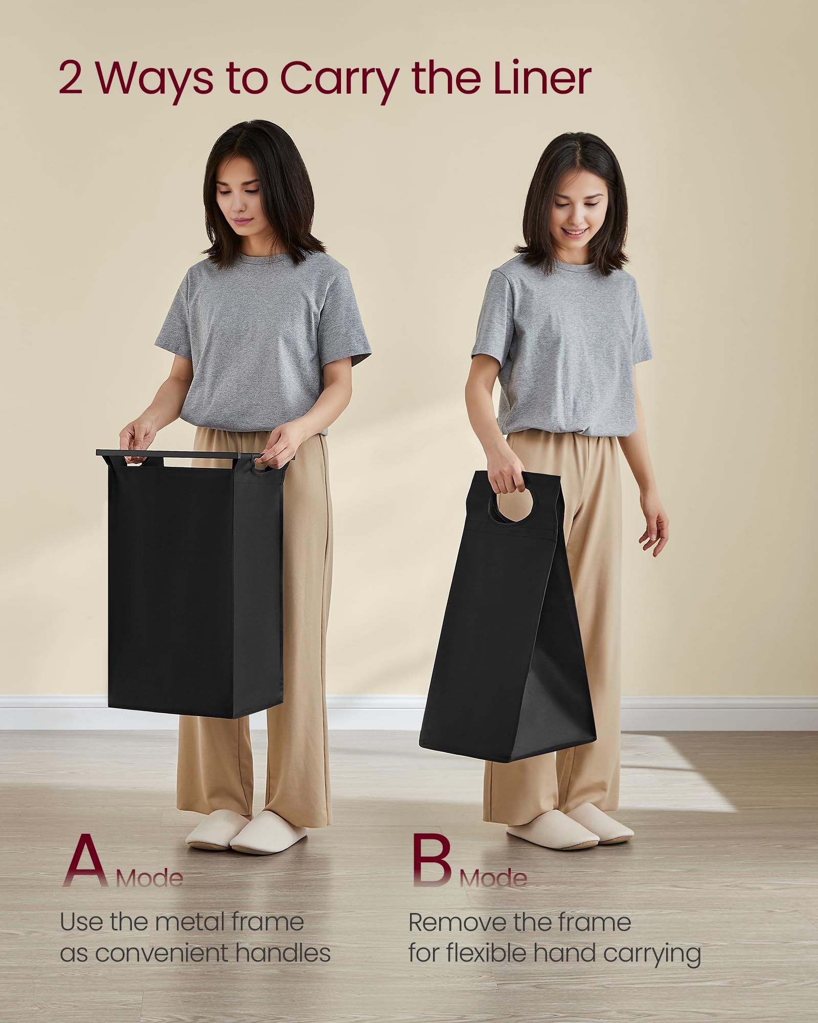 VASAGLE Laundry Basket, Laundry Hamper, Pull-Out and Removable Liner Bag, Shelf, Metal Frame, 65 L, 50 x 33 x 72 cm, Ink Black and Rustic Brown BLH101B01