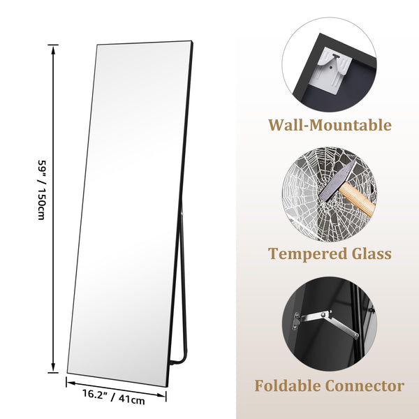 Hoikwo Full Length Mirrors 59x16 inches,Standing Mirror 150x41cm with Black Frame for Bedroom, Living Room or Bathroom