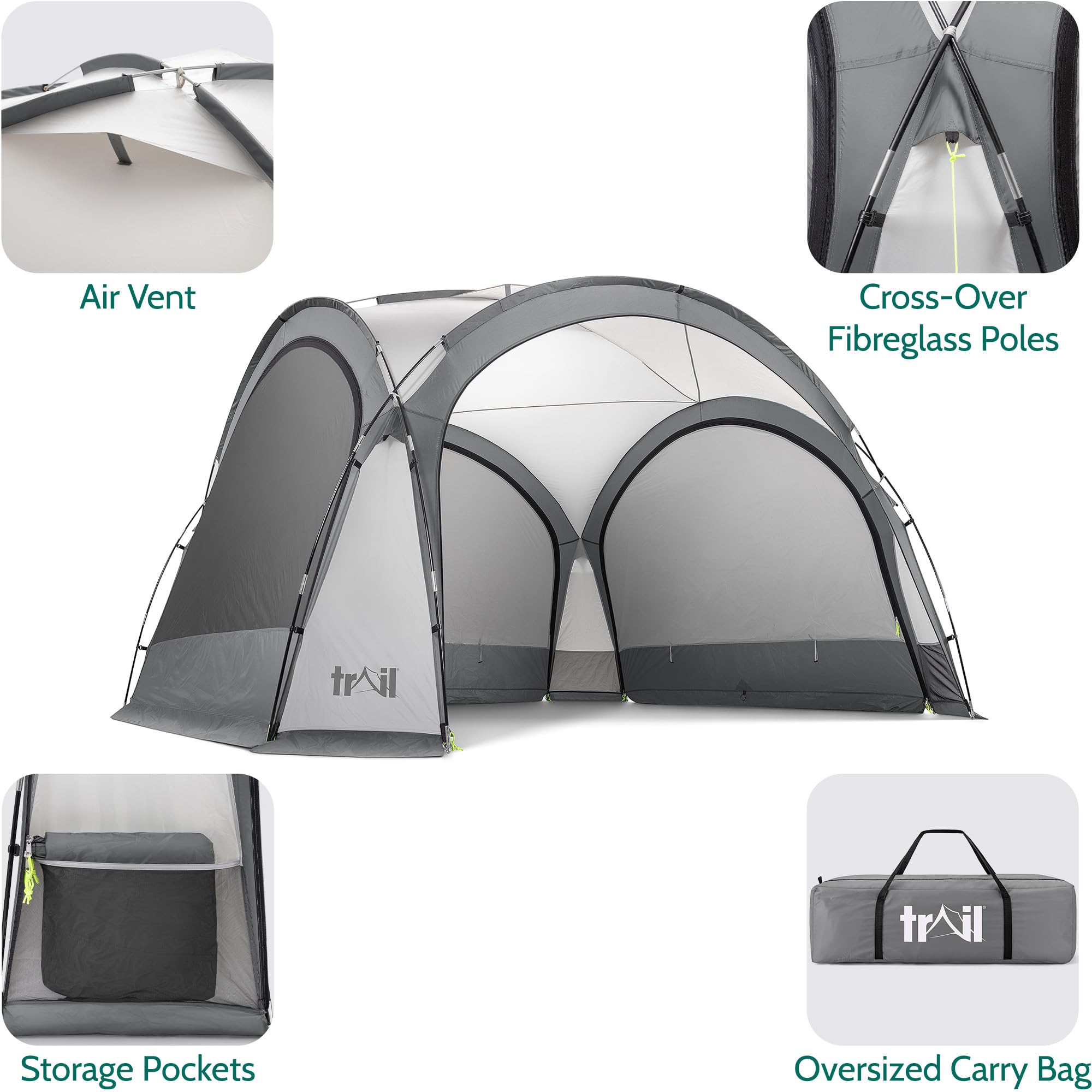 Trail Gazebo with Zip Away Sides, Dome Event Shelter for Outdoor Camping Garden Festival, Waterproof 2000mm, UPF50+ UV Sun Protection, Travel Bag, 3.5m x 3.5m x 2.3m (Grey)