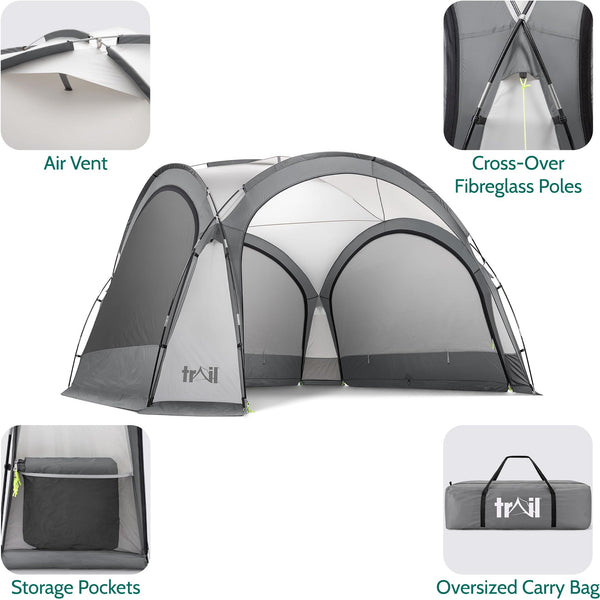 Trail Gazebo with Zip Away Sides, Dome Event Shelter for Outdoor Camping Garden Festival, Waterproof 2000mm, UPF50+ UV Sun Protection, Travel Bag, 3.5m x 3.5m x 2.3m (Grey)