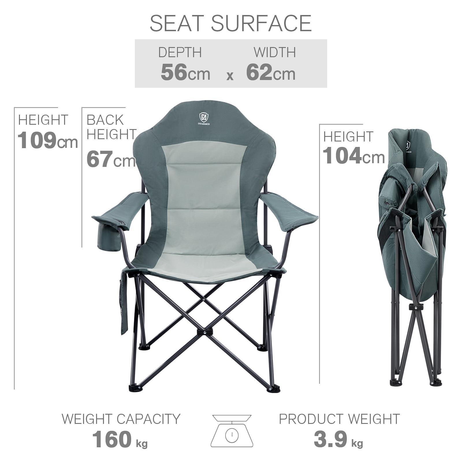 EVER ADVANCED Camping Chairs for Adults Heavy Duty Folding Chair Up to 160kg Oversized with High Back & Cup Holder & Side Pocket Comfy Camp Fold Up Chair
