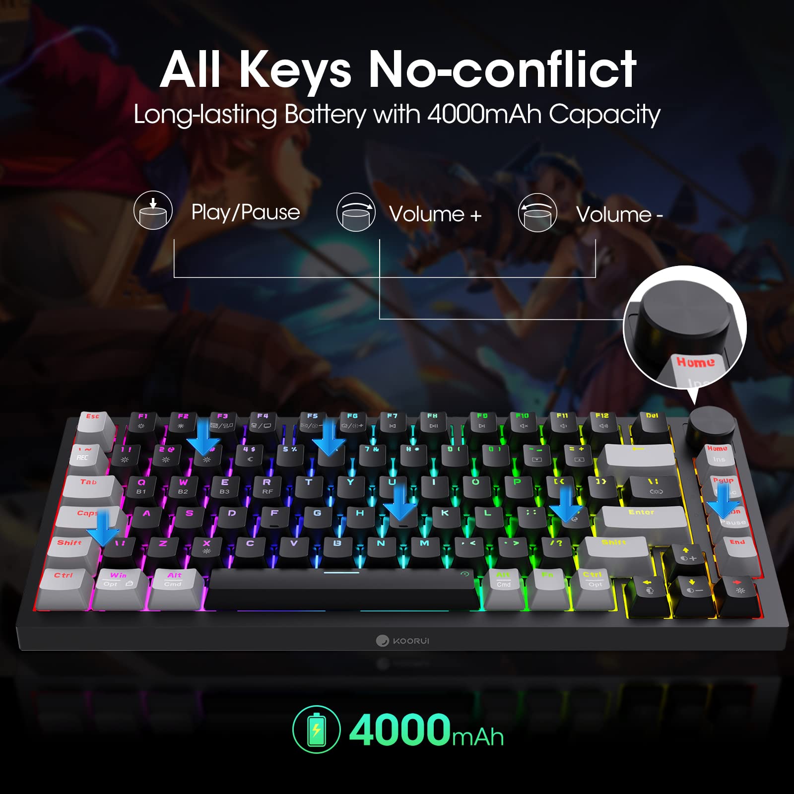 KOORUI Gaming Keyboards, 26 RGB Backlit Mechanical Keyboard Wired 104 Keys Full Size UK Layout with Blue Switch Gamer Keyboards for Windows MacOS Linux