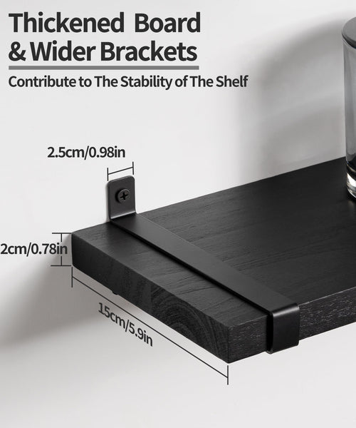 Gronda Floating Shelves for Wall Black Wooden Shelves 60CM Wall Shelf Unit With Brackets to Storage Display Decors Books Set of 2 Wall Shelves for