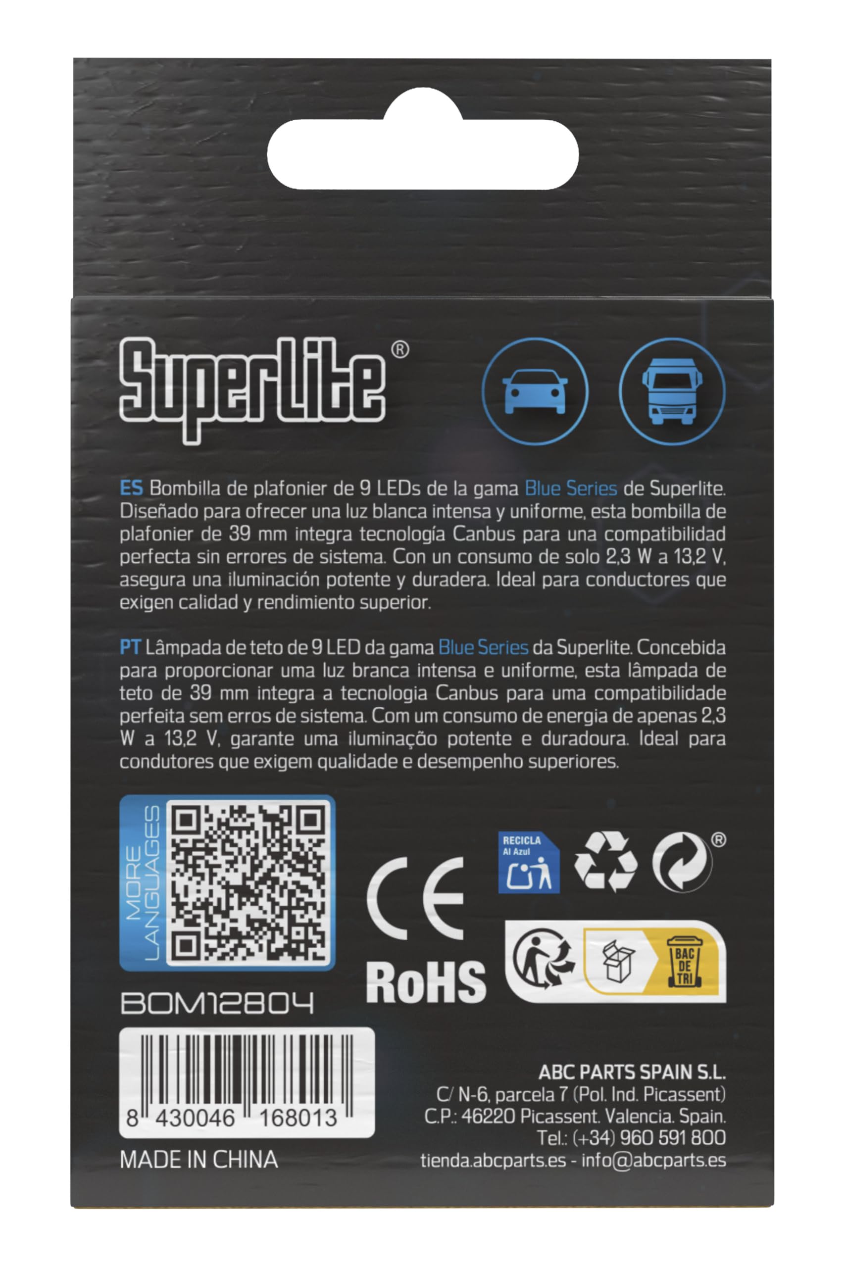 Superlite Set of 2 T10 Bulbs with 18 Leds from the Blue Series range. CanBus Technology and 6500K Colour Temperature. Ideal for Car and Truck.