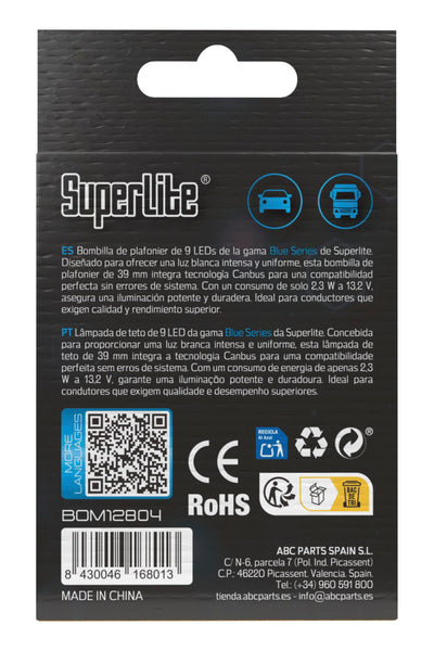 Superlite Set of 2 T10 Bulbs with 18 Leds from the Blue Series range. CanBus Technology and 6500K Colour Temperature. Ideal for Car and Truck.