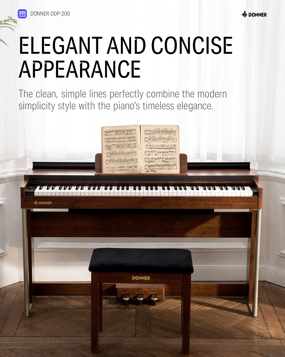 Donner Digital Piano 88 Key Weighted DDP-100 88-Key Weighted Action Digital Piano, Beginner keyboard piano Bundle with Furniture Stand, Power Adapter, White