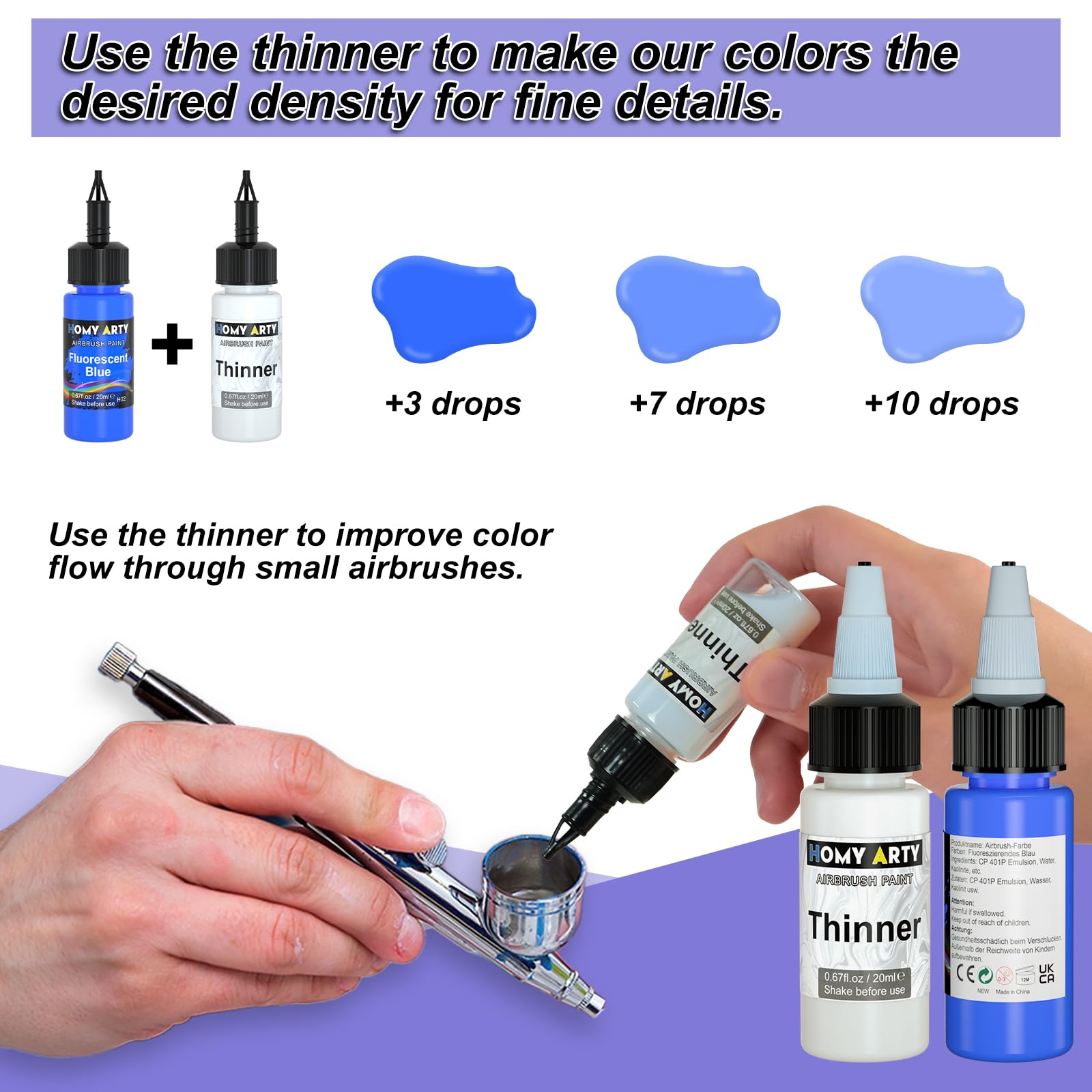 HOMY ARTY Airbrush Paint, 36 Colours with 4 Thinner Airbrush Paint Set, Water-Based Air Brush Colours, Ready to Spray, 20 ml/Bottle