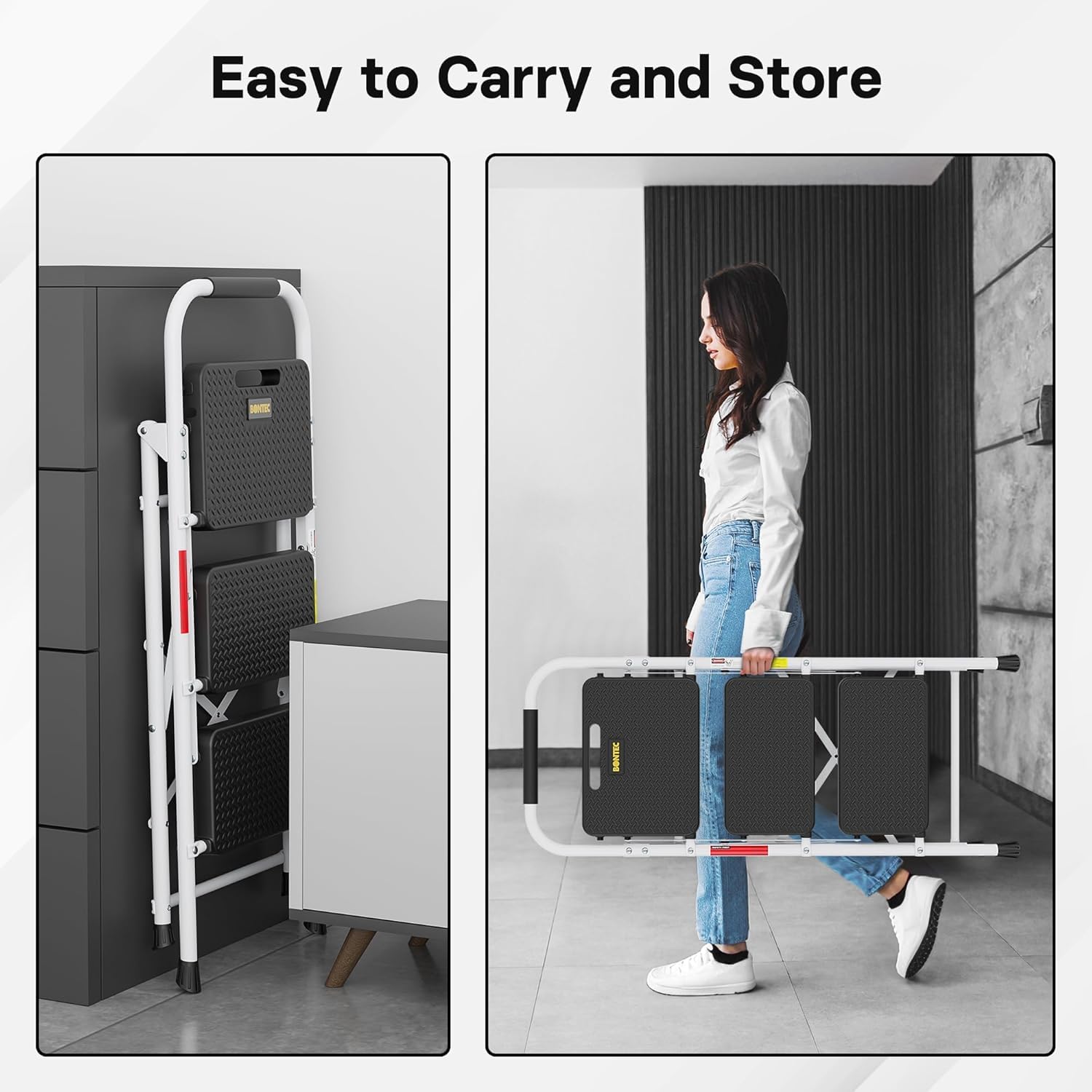 BONTEC 4 Step Ladder Folding, Heavy Duty Foldable Step Stool with Wide Anti-Slip Pedals, Sponge Handrail and Tool Tray, Portable Household Ladder 150kg Capacity, Compact Collapsible Indoor Ladder