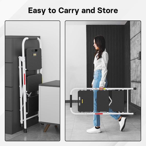 BONTEC 4 Step Ladder Folding, Heavy Duty Foldable Step Stool with Wide Anti-Slip Pedals, Sponge Handrail and Tool Tray, Portable Household Ladder 150kg Capacity, Compact Collapsible Indoor Ladder