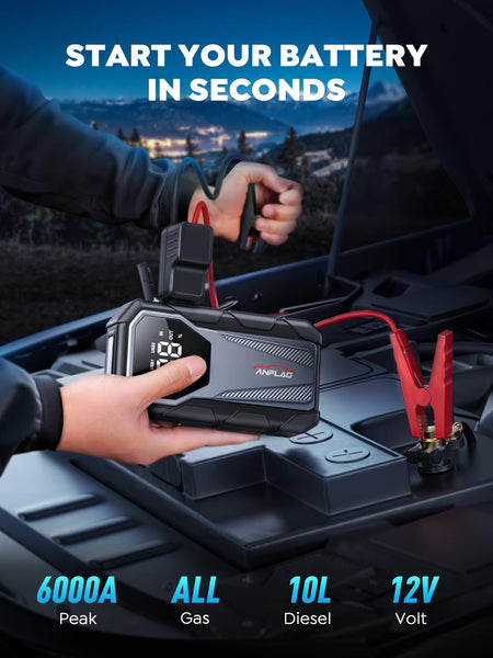 Jump Starter Power Pack, ANFLAG 6000A 21800mAh Car Battery Booster Jump Starter(All Gas/10L Diesel), 12V Car Starter Power Bank with Force Start, Jump leads, LED Flashlight